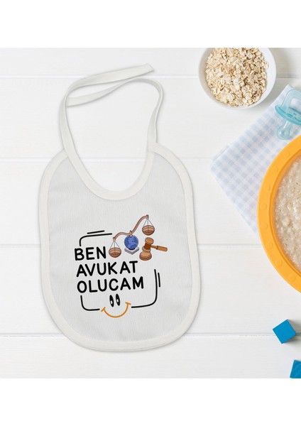 Kids Avukat Olucam Tasarımlı Beyaz Bebek Mama Önlüğü-1
