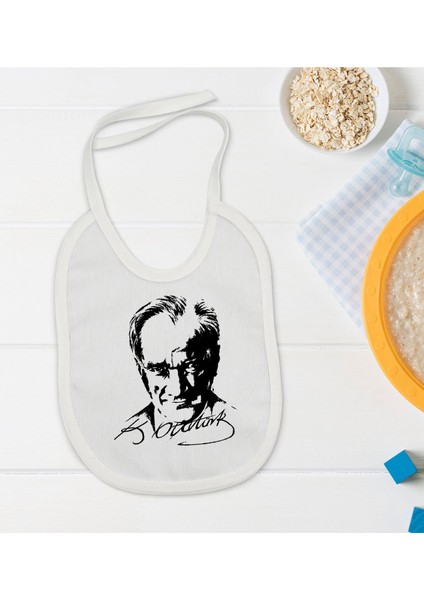 Kids Atatürk Temalı Beyaz Bebek Mama Önlüğü-13