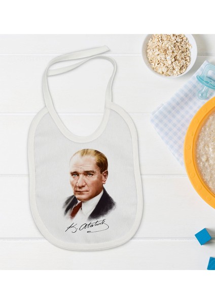 Kids Atatürk Temalı Beyaz Bebek Mama Önlüğü-12
