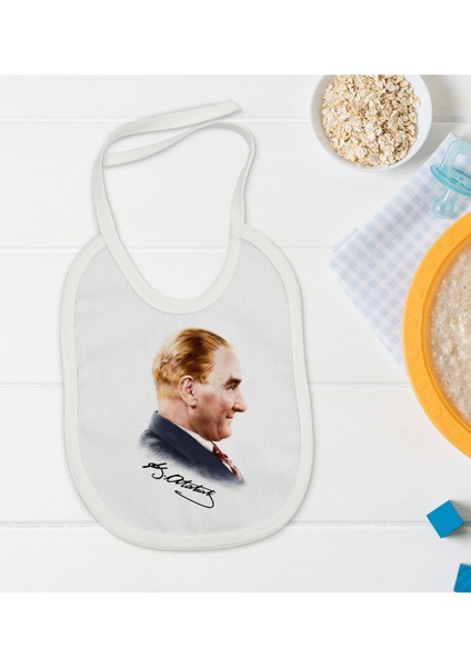 Kids Atatürk Temalı Beyaz Bebek Mama Önlüğü-11