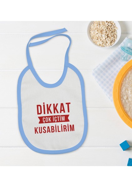 Kids Dikkat Çok Içtim Tasarımlı Mavi Bebek Mama Önlüğü-1