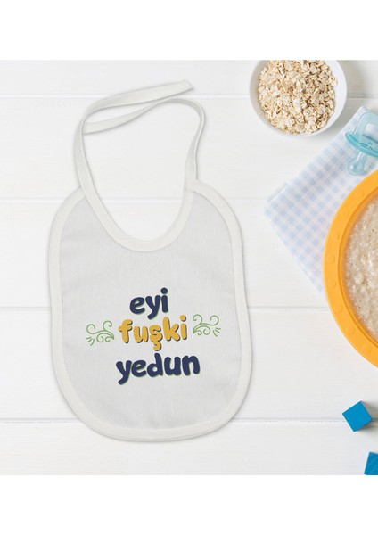 Kids Eyi Fuşki Yedun Tasarımlı Beyaz Bebek Mama Önlüğü-1