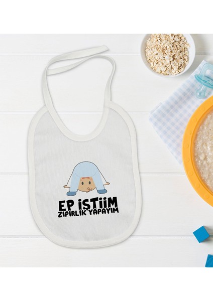 Kids Ep Isterim Zıpırlık Tasarımlı Beyaz Bebek Mama Önlüğü-1