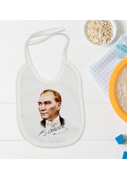 Kids Atatürk Temalı Beyaz Bebek Mama Önlüğü-15