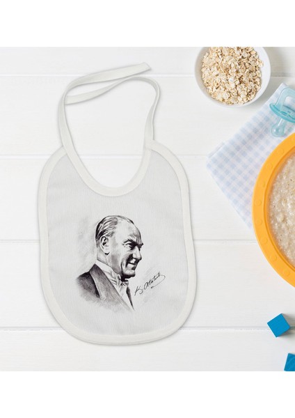 Kids Atatürk Temalı Beyaz Bebek Mama Önlüğü-10