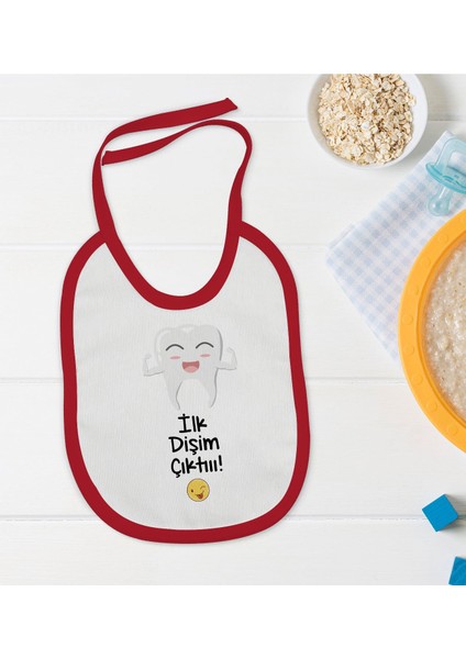 Kids Ilk Dişim Çıktı Tasarımlı Kırmızı Bebek Mama Önlüğü-1