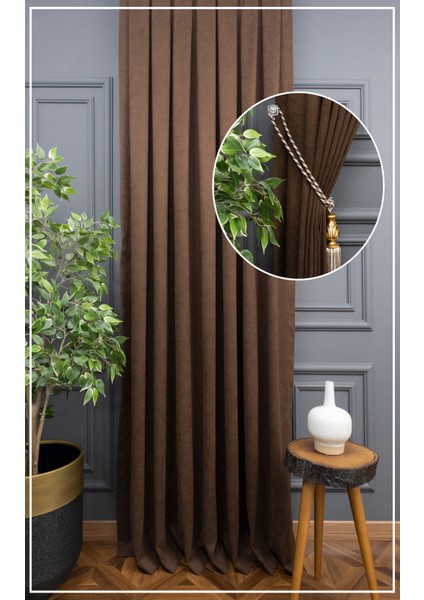 Sütlü Kahve Petek Kadife Dokulu Tek Kanat Fon Perde, Pilesiz Düz Dikim Ekstrafor Büzgü, 80 x 250 cm