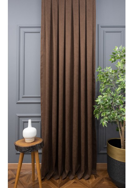 Sütlü Kahve Petek Kadife Dokulu Tek Kanat Fon Perde, 1/2 Seyrek Pile, 70 x 260 cm