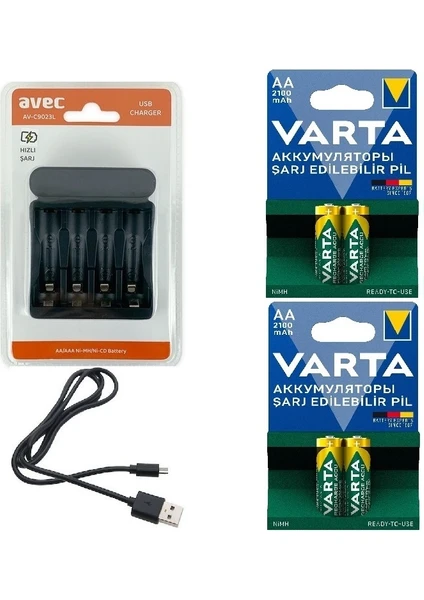 AV-C9023L USB Pil Şarj Cihazı+Varta Aa-Aaa Şarjlı Pil Seçenekleri