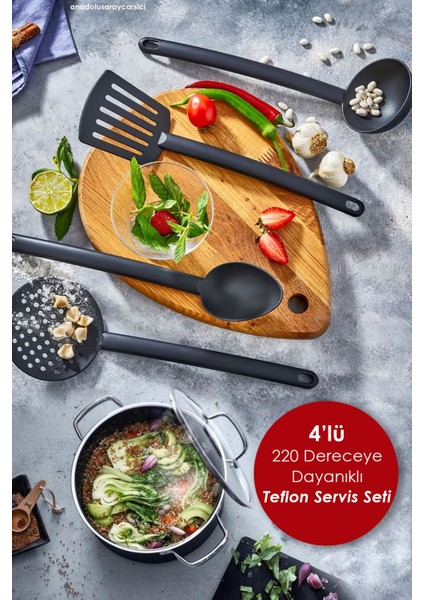Pratik 4'lü Siyah Yanmaz Yapışmaz Teflon Servis Seti 220 Derece Dayanıklı Kepçe Kevgir Spatula Kaşık