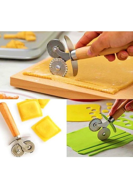 Hamur Kesici Kazıyıcı 3 Adet ve Ahşap Saplı Hamur Pizza Kesme Ruleti
