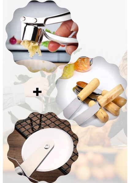 Paslanmaz Soyulmaz Çelik Sarımsak Ezici+ 6'lı Bambu Saplı Tereyağı Sürme+ Hamur, Pizza Kesici Rulet