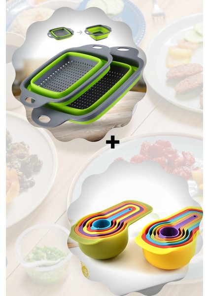 Katlanabilir Kare Süzgeç + 5'li Şeker,tuz,baharat Ölçü Kaşığı