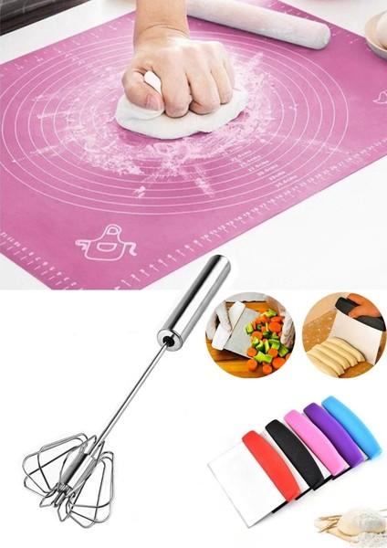 Silikon Hamur Açma Matı 50X40 cm + Otomatik Çırpıcı + Hamur Kesme Spatulası