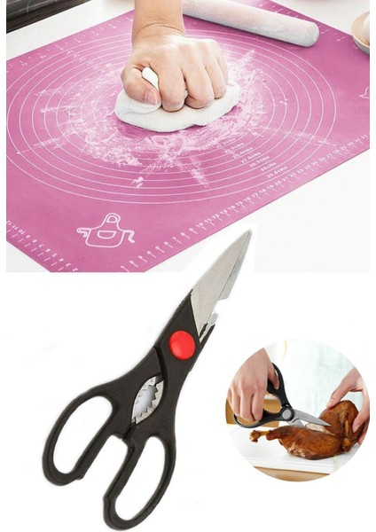 Birinci Kalite Silikon Hamur Açma Matı 50*40 cm ve Paslanmaz Çelik Et, Tavuk Börek Mutfak Makası