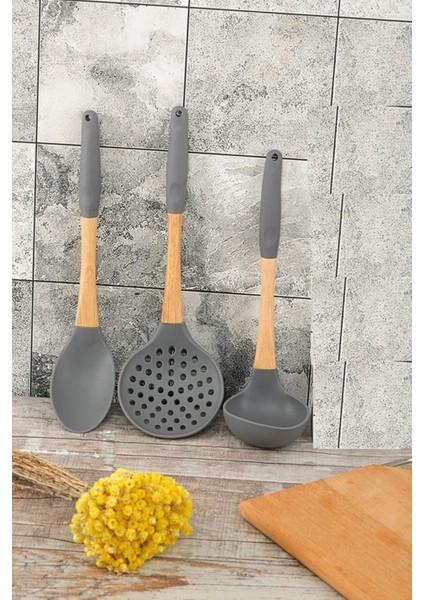 Bambu Saplı Silikon Mutfak Servis Kaşık Kevgir Kepçe Seti Gri