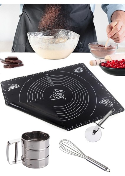 Silikon Hamur Açma Matı 50*40 Un Şeker Eleği, Çırpma Teli ve Hamur Pizza Kesme Aleti Seti