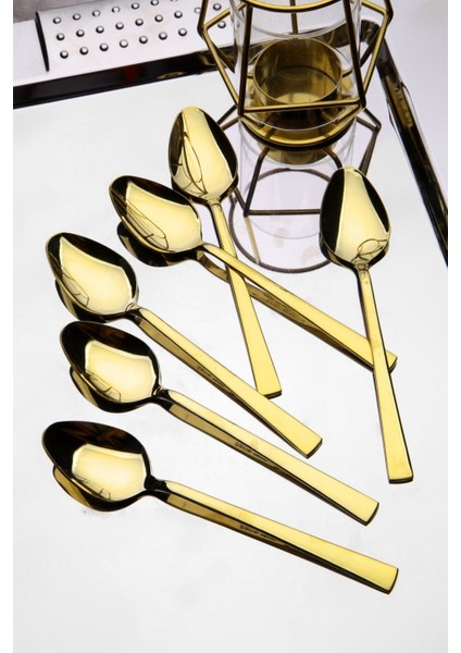 6 Adet Lüks Parlak Gold Tatlı Kaşığı Seti 18/10 304 Paslanmaz Çelik