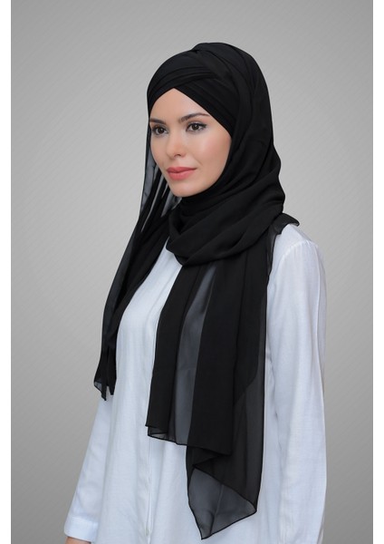 Siyah Pratik Hazır Geçmeli Bone Şal Şifon Kendinden Topuzlu Üç Bantlı - Hürrem 1451