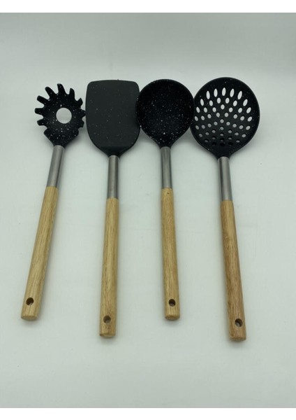 Kepçe Seti, Spatula, Kevgir Kaşık, Makarna Kepçesi Bambu Çelik Saplı Simli Siyah 4 Parçalı Set