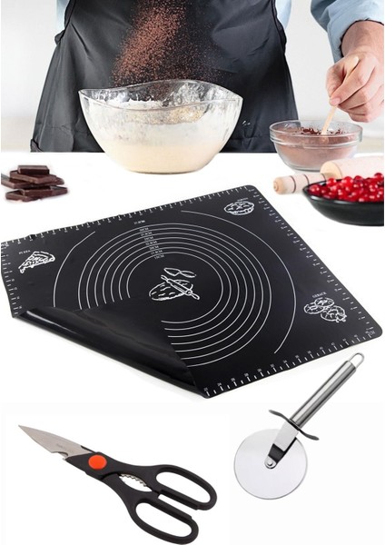 Silikon Hamur Açma Matı 60X45 , Mutfak Makası ve Hamur Pizza Ruleti