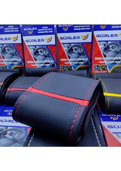 Fiat Linea Uyumlu Dikmeli Direksiyon Kılıfı Soft Siyah Deri Kırmızı Yüzüklü A+Plus ( 38×10.5cm )