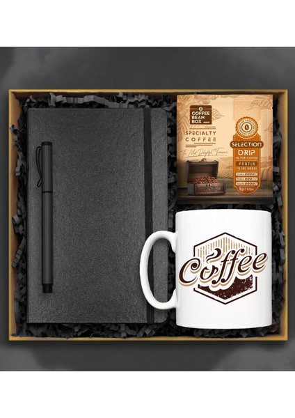 Coffe Kupa & Siyah Defter & Roller Kalem & Pratik Filtre Kahve Hediye Seti