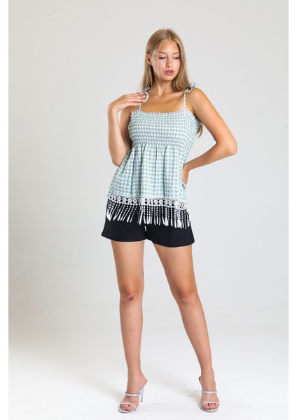 Askılı Etekleri Saçaklı Güpür Gofre Bluz |BLZ33496 Yesıl fiyatları