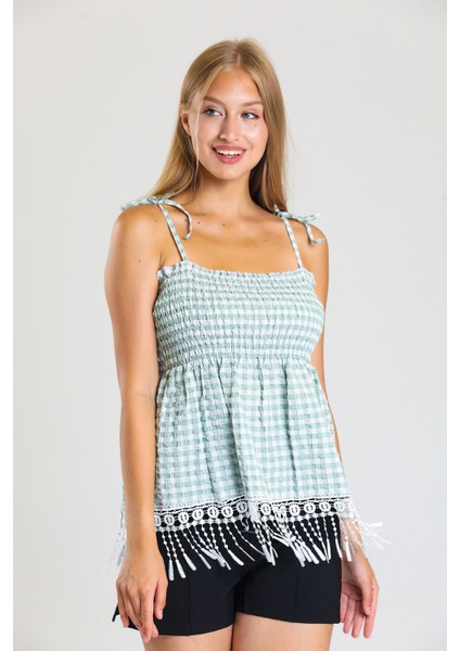 Askılı Etekleri Saçaklı Güpür Gofre Bluz |BLZ33496 Yesıl fırsatları