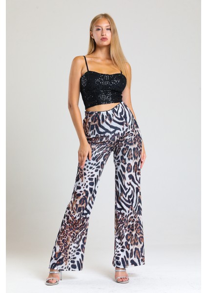 Geniş Paçalı Leopar Desenli Payet Pantolon | PNT32440 Siyah Beyaz Leopar