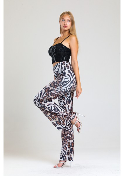 Geniş Paçalı Leopar Desenli Payet Pantolon | PNT32440 Siyah Beyaz Leopar modelleri