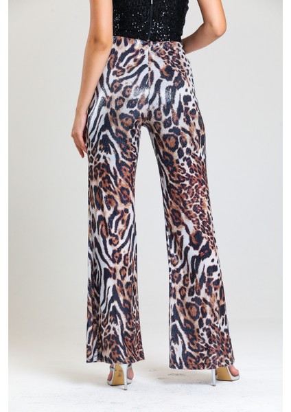 Geniş Paçalı Leopar Desenli Payet Pantolon | PNT32440 Siyah Beyaz Leopar indirimleri