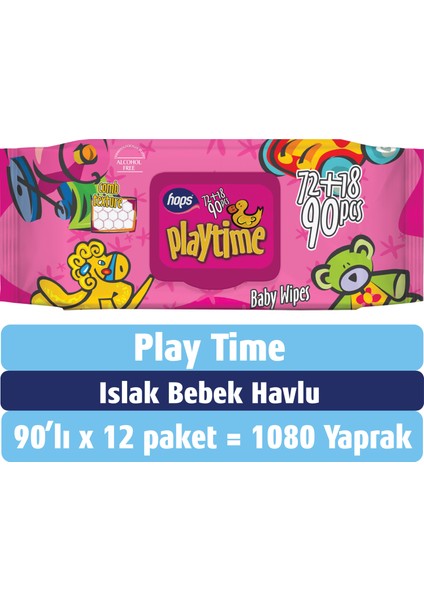 Play Time Islak Bebek Havlu 90'lı, Standart Boy, (90 X 12 ADET) - 1080 Yaprak