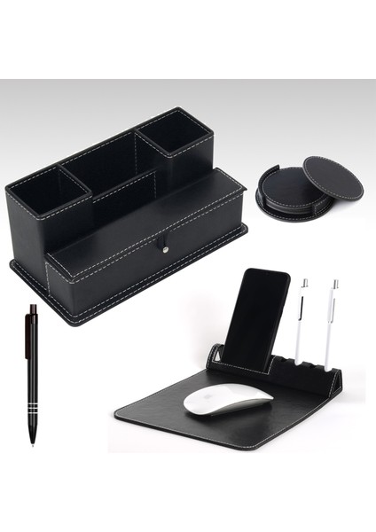 Ofis Seti - Kurumsal Hediyelik - Kalemlik -Telefon Standlı Mousepad - Metal Kalem - 4'lü Bardak Altlığı