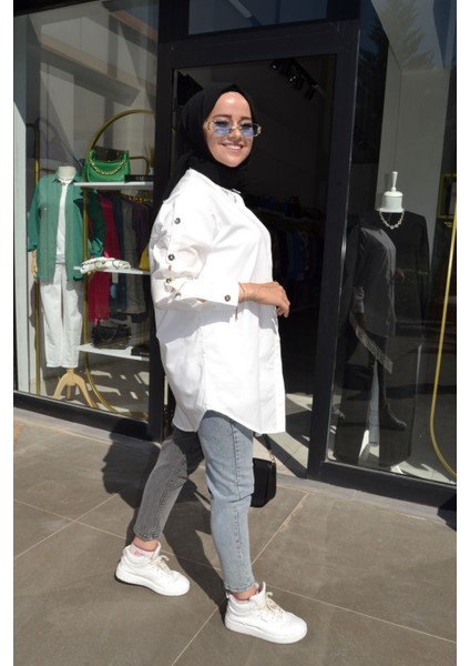 %100 Pamuk Beyaz Renk Kolları Düğme Detay Oversize Gömlek Tunik