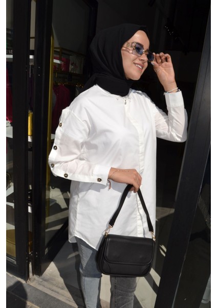 %100 Pamuk Beyaz Renk Kolları Düğme Detay Oversize Gömlek Tunik fiyatları