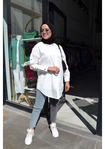 %100 Pamuk Beyaz Renk Kolları Düğme Detay Oversize Gömlek Tunik modelleri