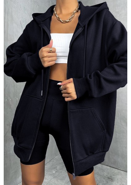 Kadin Kapüşonlu Lacivert Fermuarlı Polar 3 Üç Iplik Şardonlu Sweatshirt Zip Up Hoodie - K2204