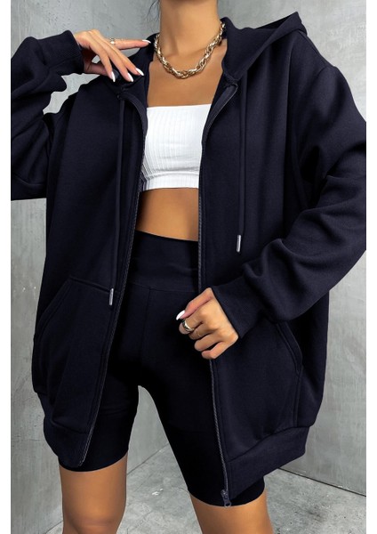 Kadin Kapüşonlu Lacivert Fermuarlı Polar 3 Üç Iplik Şardonlu Sweatshirt Zip Up Hoodie - K2204 fırsatları
