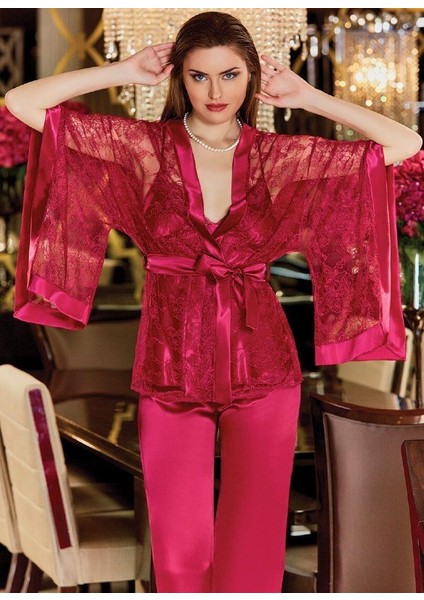 2634 Saten 3'lü Dantelli Pijama Takımı
