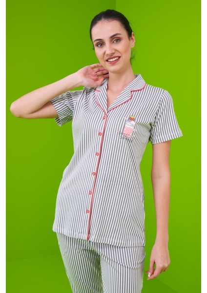 23151 Kadın Çizgili Düğmeli Pijama Takım indirimleri
