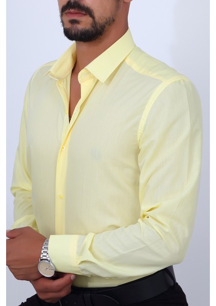 Slim Fit Sarı Renk Erkek Gömlek