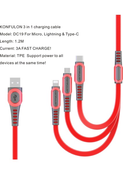 Apple iPhone 11 Şarj Kablosu 3 In 1 Hızlı Şarj ( Lightning - Micro USB - Type C ) KNF-DC214