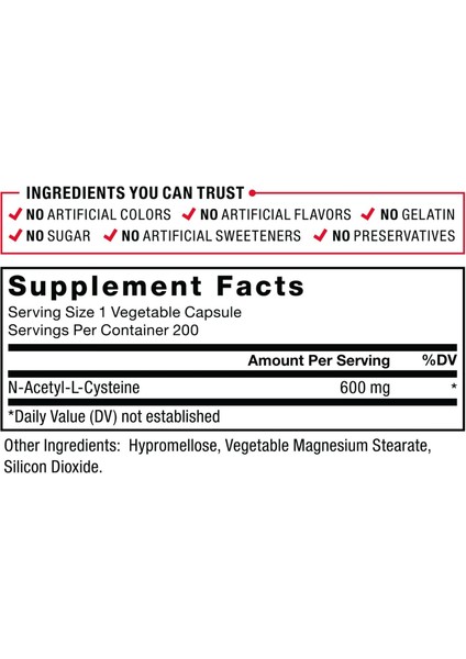 N-Acetyl-L-Cysteine Nac 600 Mg Immune Health Support 200 Kapsul Abs modelleri