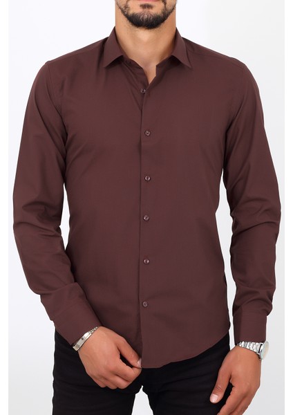 Slim Fit Bordo Renk Erkek Gömlek