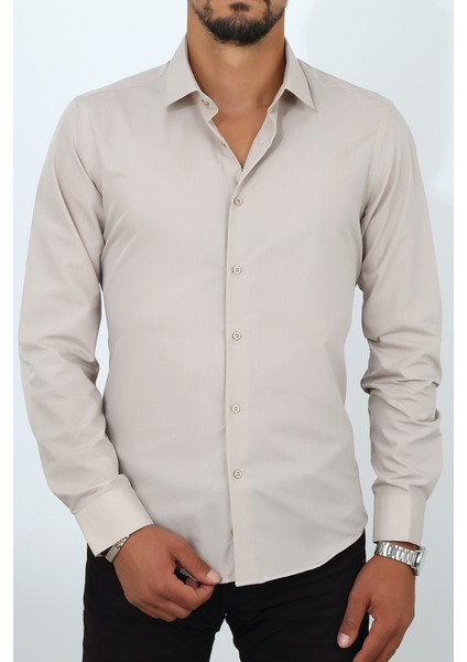 Slim Fit Krem Renk Erkek Gömlek