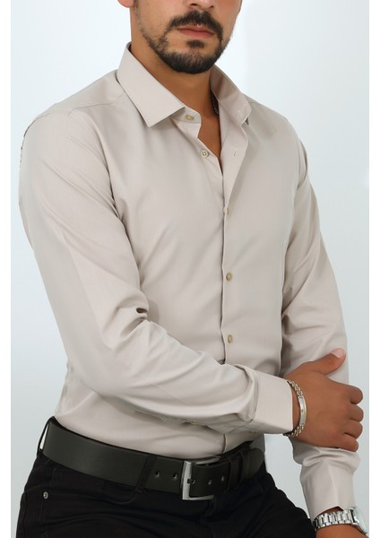 Slim Fit Krem Renk Erkek Gömlek modelleri