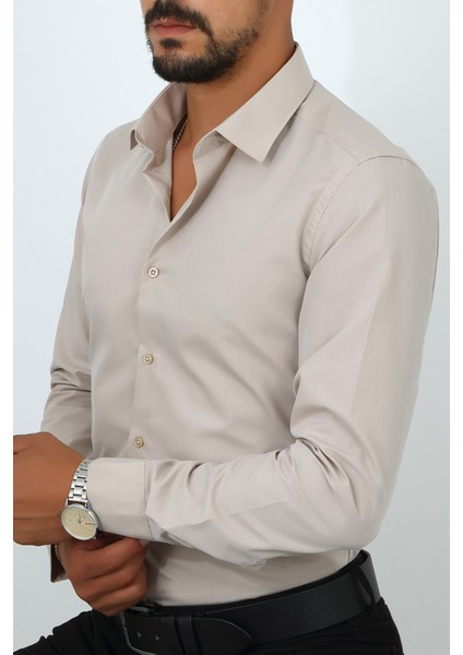 Slim Fit Krem Renk Erkek Gömlek indirimleri