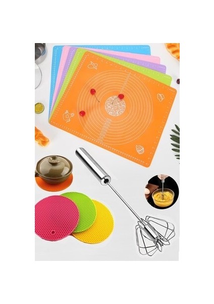 Silikon Hamur Açma Matı Silikon Nihale Kalburabastı Kalıbı Basmalı Otomatik Çırpıcı Set