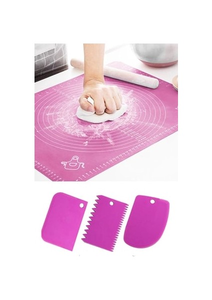 Silikon Hamur Açma Matı ve 3'lü Hamur Kesici Kazıyıcı 2'li Set 50X40 cm